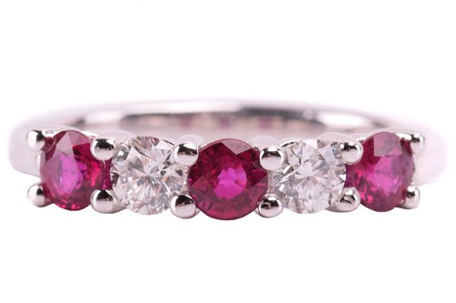 Lot 227 - A five stone half hoop diamond and ruby ring;...