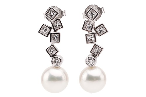 Lot 16 - Mikimoto. A pair of Mikimoto pearl and diamond...