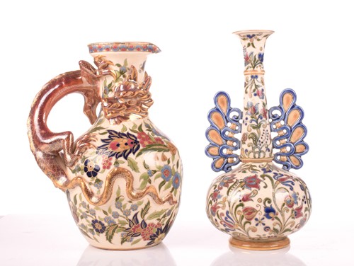 Lot 228 - A large Zsolnay Pecs ewer or jug, the handle...