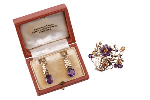 Lot 90 - A pair of amethyst and seed pearl drop...