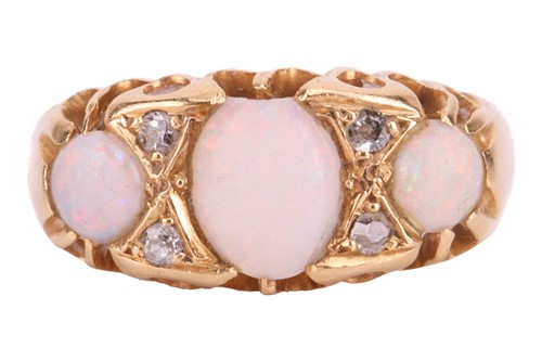 Lot 74 - An opal three-stone half-hoop ring, the...