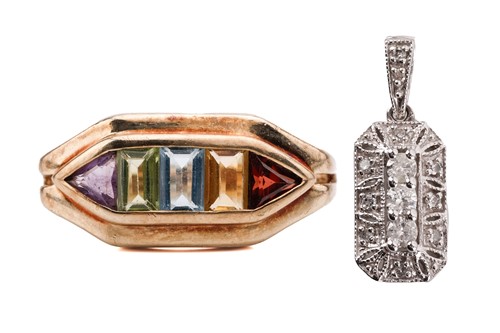 Lot 167 - A diamond pendant and a gem-set ring; pendant...