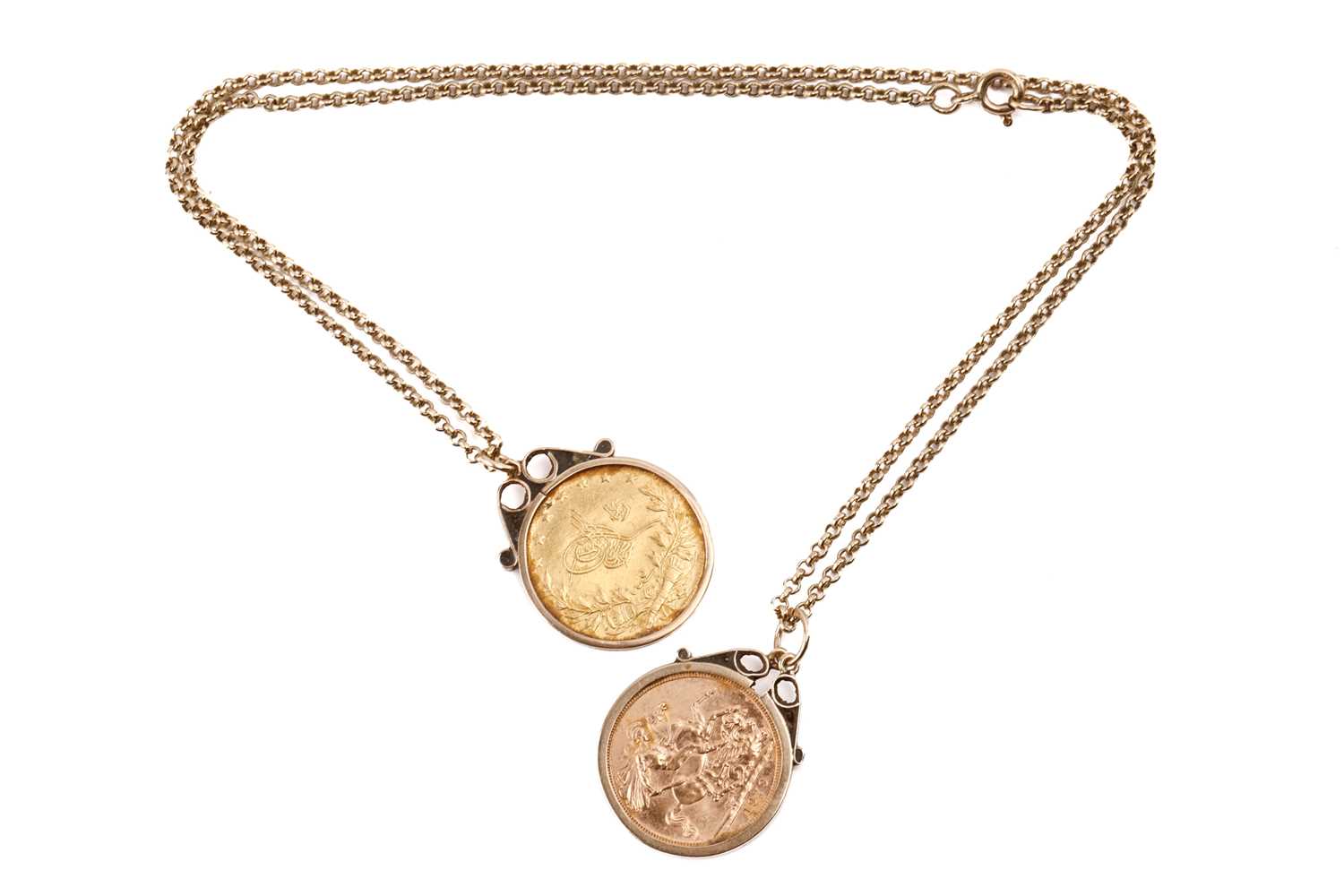 Lot 305 - Two mounted coins on 9ct gold chain;...