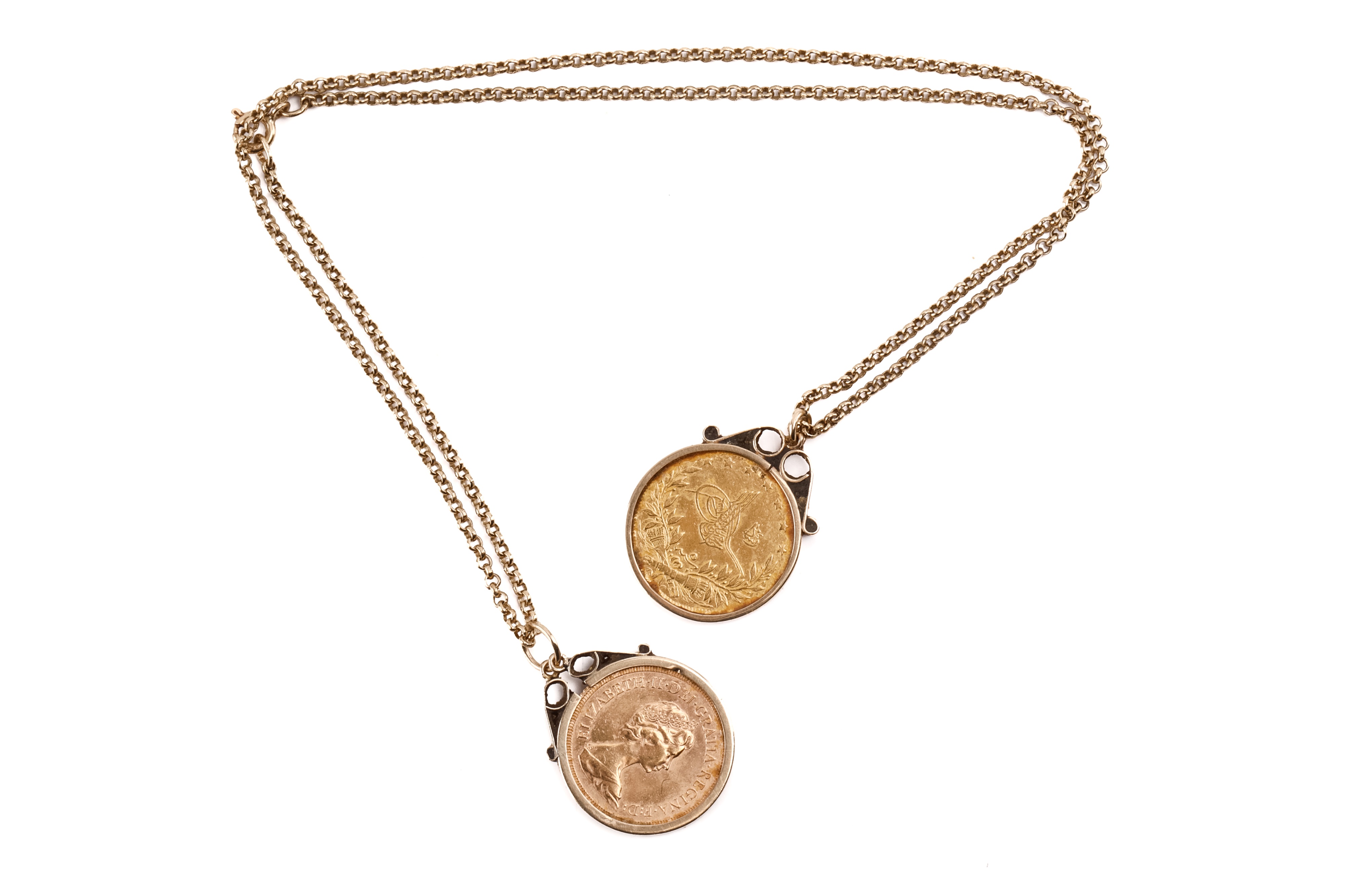 Lot 305 - Two mounted coins on 9ct gold chain;