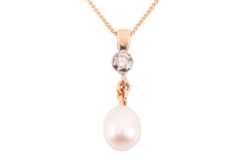 Lot 106 - A cultured pearl and diamond pendant on chain,...