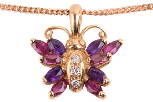 Lot 257 - A gem-set butterfly pendant on chain, the...