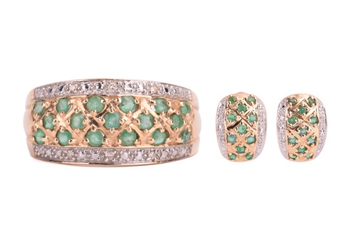 Lot 213 - An emerald and diamond dress ring and a pair...