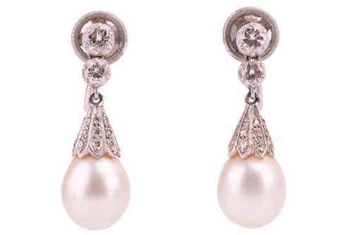 Lot 176 - A pair of pearl and diamond drop earrings,...