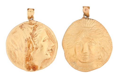 Lot 60 - A pair of medallion pendants, of misshapen...