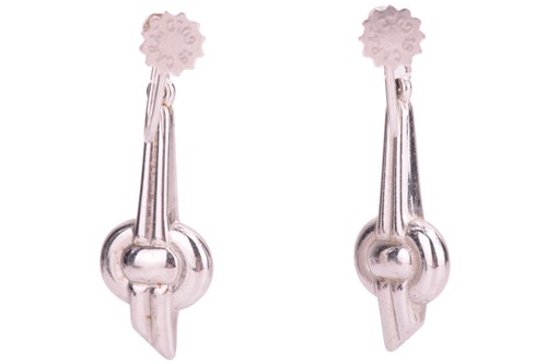 Lot 179 - Two pairs of clip-on pendant earrings; the...