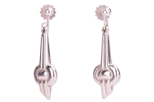 Lot 179 - Two pairs of clip-on pendant earrings; the...