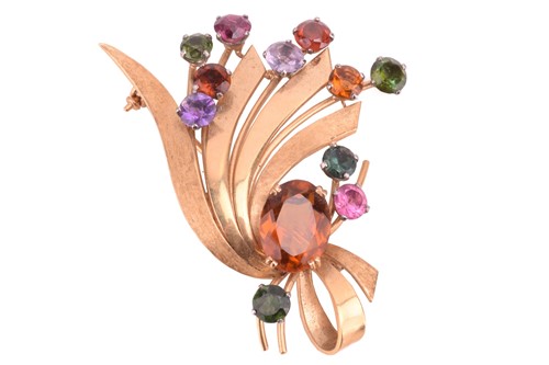 Lot 214 - A multi-gem set spray brooch, of ribbon form,...