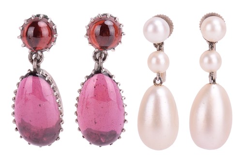 Lot 169 - Two pairs of gem-set drop earrings; including...