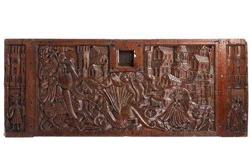 Lot 28 - A late Gothic boarded oak coffer front, carved...