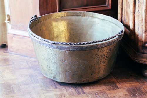 Lot 38 - A large brass circular preserve pan, with...