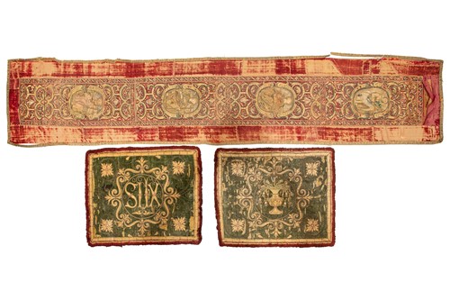 Lot 42 - A pair of silk and velvet embroidered altar...