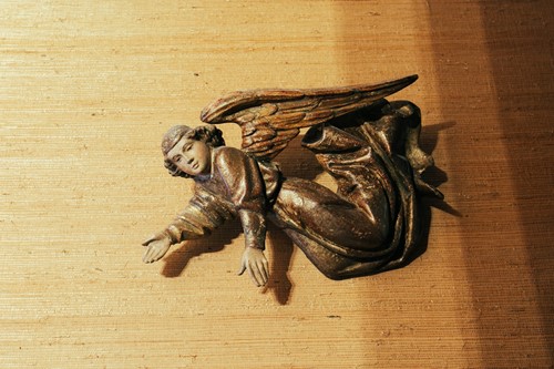 Lot 89 - A pair of painted softwood flying cherubs,...