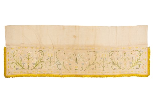 Lot 121 - A silk on linen embroidered bed panel,...