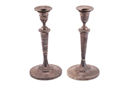 Lot 437 - A pair of late George III silver candlesticks,...