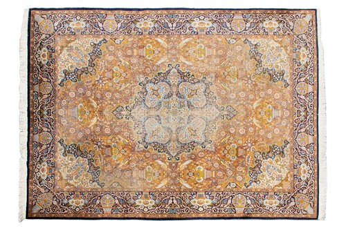 Lot 216 - An old silk-on-silk golden ground room-size...