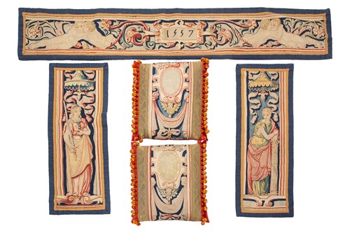 Lot 321 - Three Brussels tapestry panels of colourful...