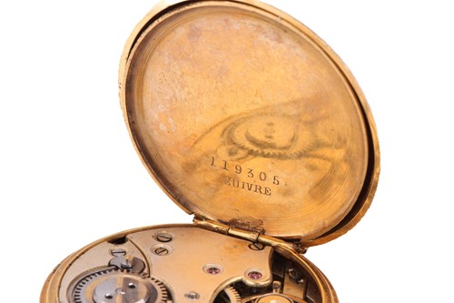 Lot 399 - A 14kt gold open-face fob lapel pocket watch,...