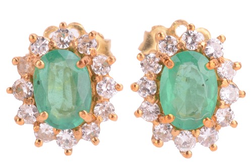 Lot 337 - A pair of emerald and diamond cluster earrings,...