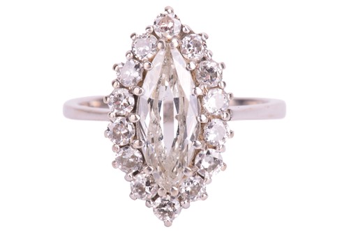 Lot 201 - A marquise diamond cluster ring, featuring a...