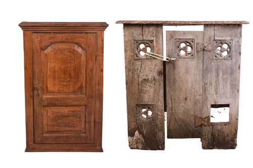 Lot 169 - A 19th century oak hanging cupboard, with twin...