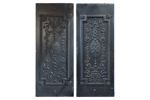 Lot 181 - A pair cast iron fireplace cheeks, in...