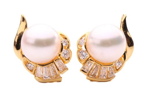 Lot 236 - A pair of cultured pearl and diamond earrings,...