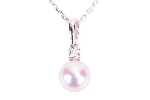 Lot 189 - A Mikimoto pearl and diamond pendant necklace,...