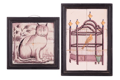 Lot 271 - A set of four Delft tiles depicting a cat in a...