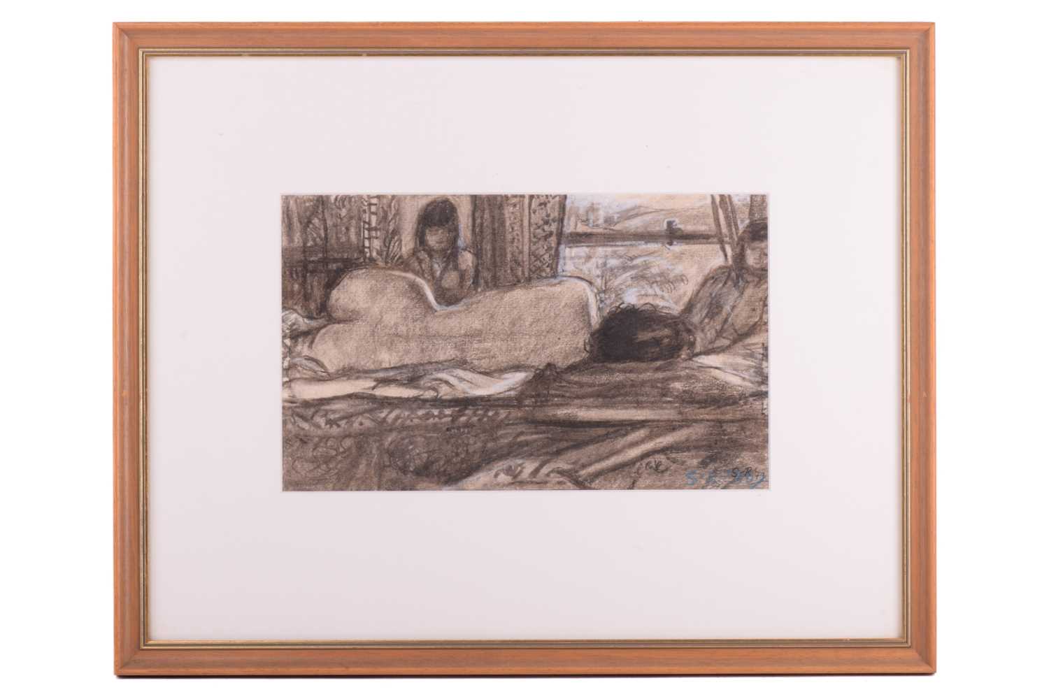 Lot 100 - S.R. (20th century), Nude on a bed by a window,...