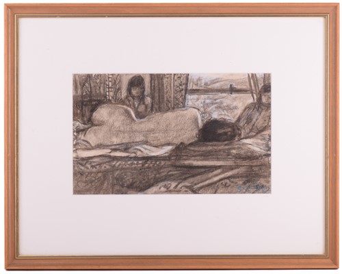 Lot 100 - S.R. (20th century), Nude on a bed by a window,...