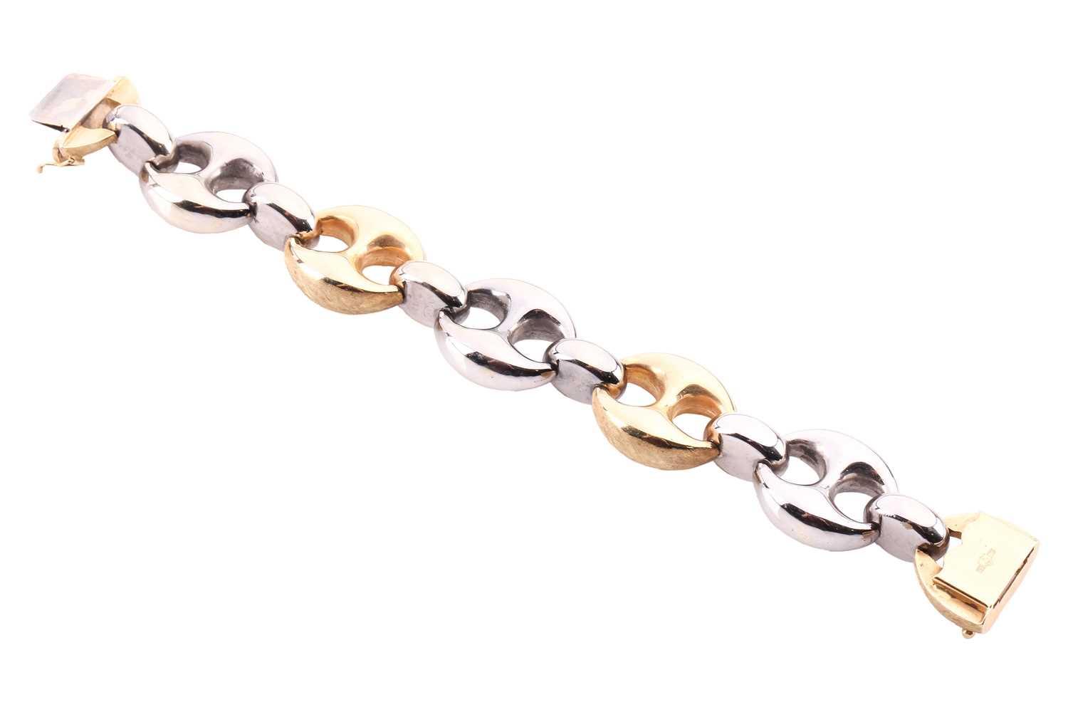 Lot 95 - A bi-coloured anchor link bracelet, hinged...