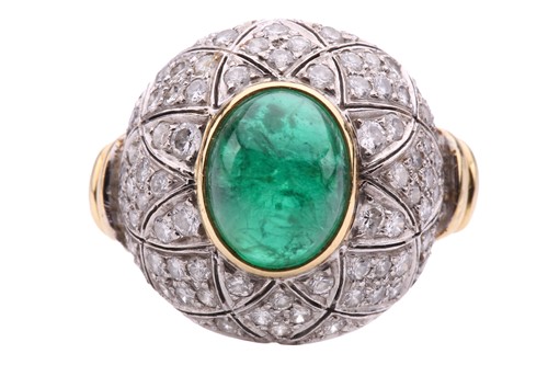 Lot 180 - An emerald and diamond bombé ring, featuring...