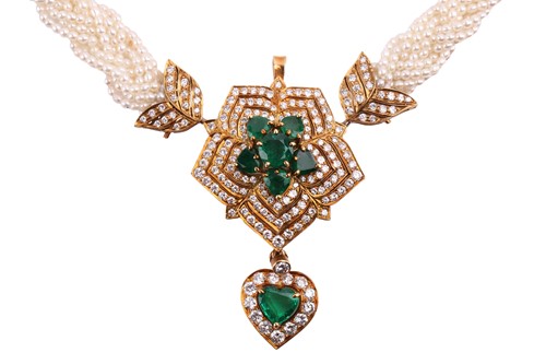 Lot 251 - An emerald, diamond and seed pearl necklace,...