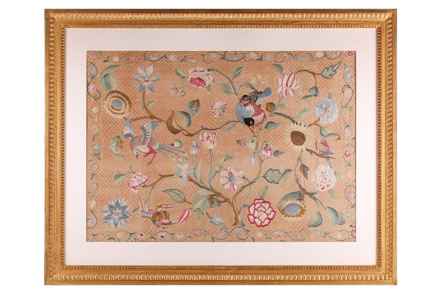 Lot 344 - A Queen Anne embroidered silk panel depicting...