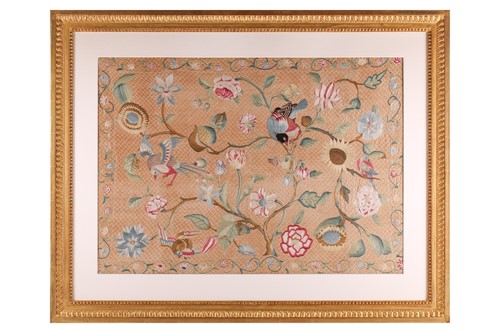 Lot 344 - A Queen Anne embroidered silk panel depicting...