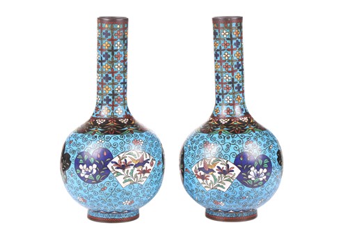 Lot 132 - A good pair of Japanese cloisonne bottle vases,...