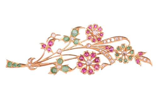 Lot 214 - A gem-set floral brooch, of spray form,...