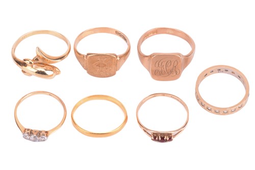 Lot 117 - A collection of seven gold rings, including a...