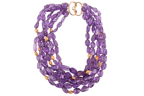 Lot 126 - A five-row amethyst beaded necklace,...