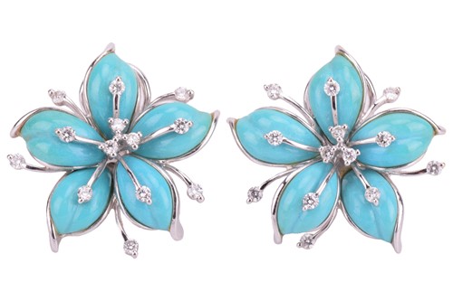 Lot 255 - A pair of floral earrings set with turquoise...