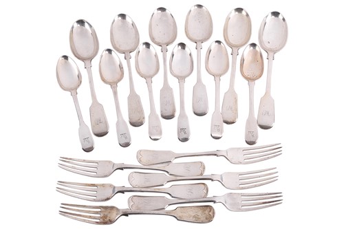 Lot 404 - A collection of silver fiddle pattern flatware,...