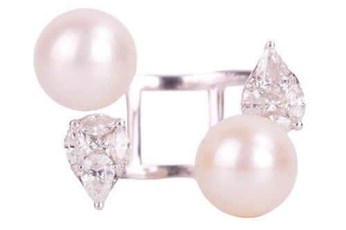 Lot 336 - A cultured pearl and diamond open ring,...