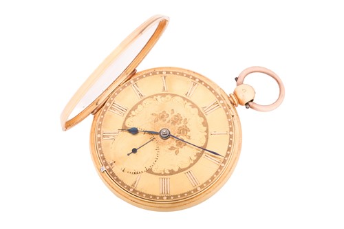 Lot 494 - An 18ct gold open-face pocket watch, featuring...