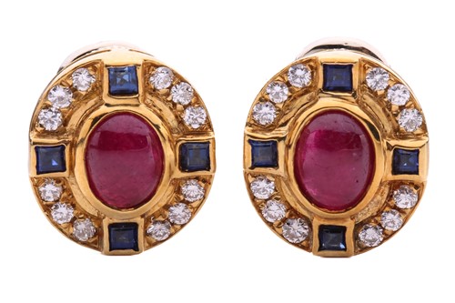 Lot 154 - A pair of ruby, diamond and sapphire cluster...