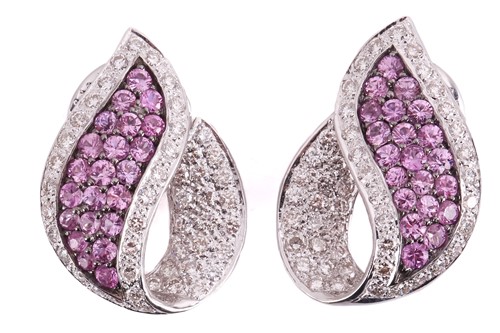 Lot 17 - A pair of diamond and pink sapphire earrings,...